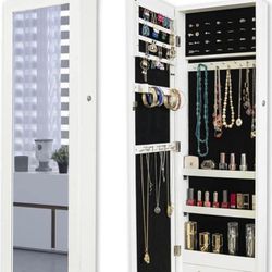 Mirror Jewelry Cabinet, 43.3" H Lockable Wall/Door Mounted Jewelry Armoire Organizer with Mirror, 2 Drawers, White JC600