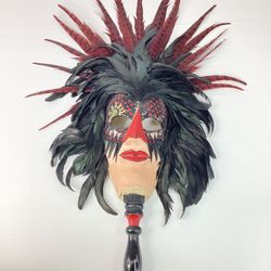 Vintage Handmade Papier Mache 11”x6” Mardi Gras Mask On A Stick Signed By Jonn Richardson