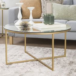 Modern Round Coffee Table, Glass/Gold
