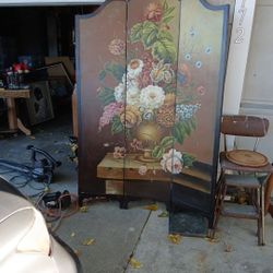 Hand Painted Floral Wood Folding Room Divider With 3panels