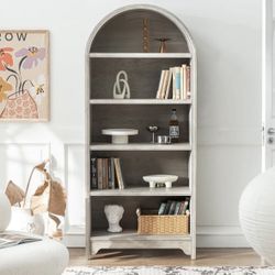 5-Tier Bookcase and Bookshelf- Natural Wood Veneers & Water Based Paint Finished- 71 Inch Arched Vintage Display Shelf for Living Room, Home, Office (