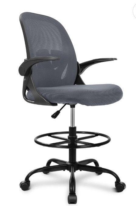 Primy Drafting Chair Tall Office Chair with Flip-up Armrests Executive Ergonomic Computer Standing Desk Chair with Lumbar Support and Adjustable Footr