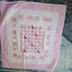 Pink baby quilt throw hand made pink/white