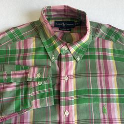 Ralph Lauren Men’s Large Pink Green Plaid Long Sleeve Button Up Shirt Size 16