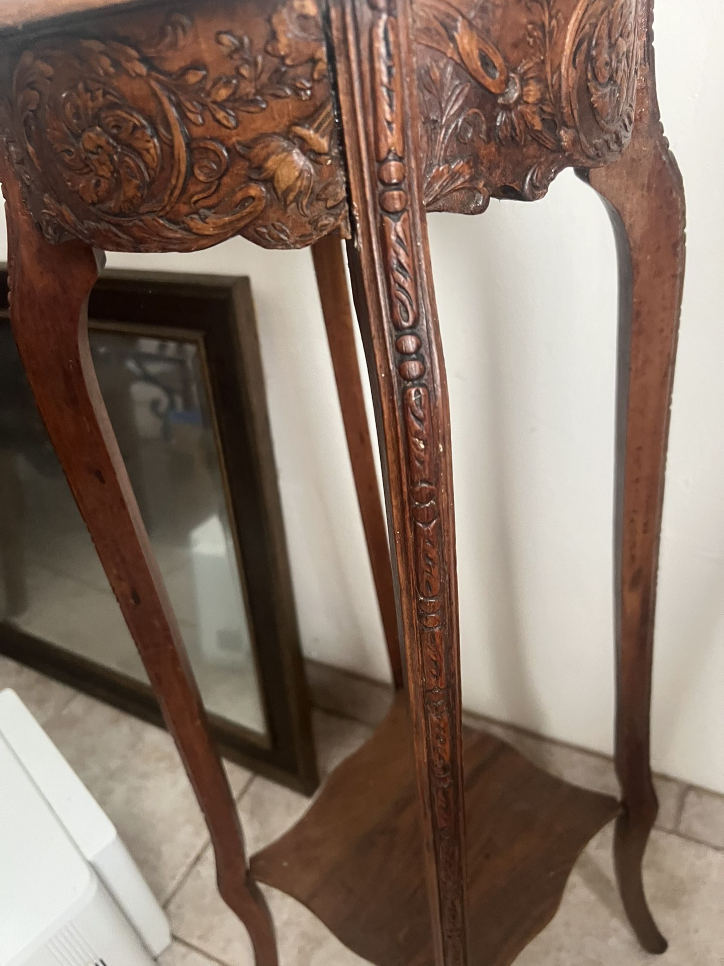 Antique Stand Carved Wood And Marble Top