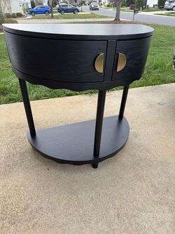 Stead Scalloped Skirt Half Moon Entryway Console Table - Blackened Oak Solid Wood with Brass Pulls - Semi Circle Table for Narrow Hallway & Front Door