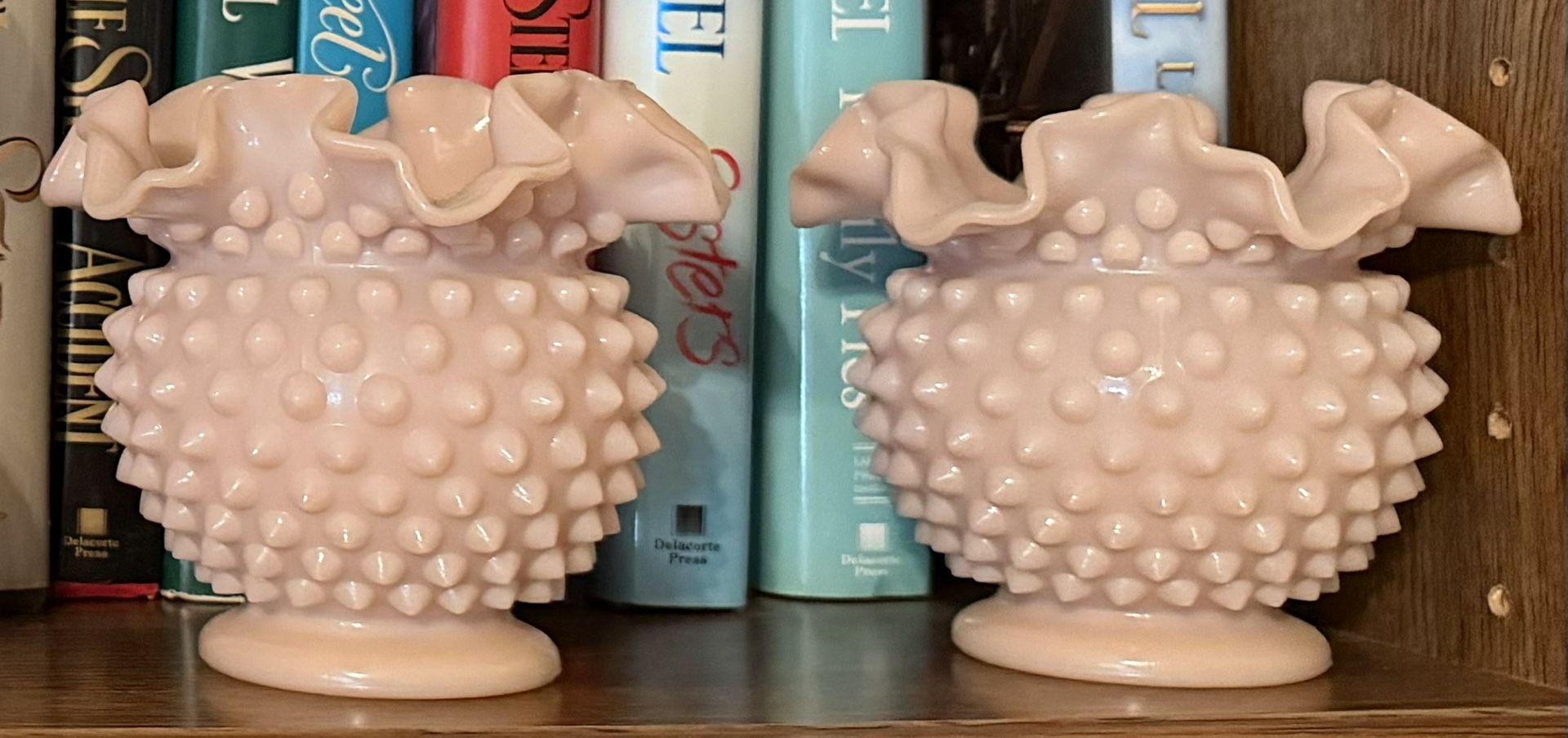 Set of 2 Rare Fenton Pink Hobnail Ruffled Art Glass Rose Bowls MCM