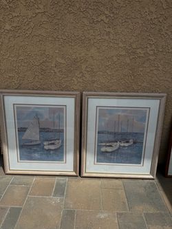 Peter Wong Cove Moored Sailboats Watercolor w/ Frames Set