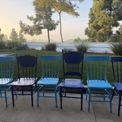 Set Of 6 Wooden Blue Chairs