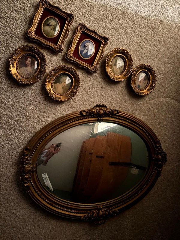 Victorian Frame With Convex Mirror And Two Sets Of Pictures