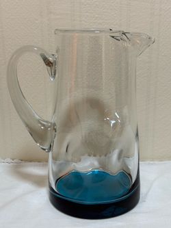 Libbey Large Pinched & Dimpled Clear and Blue  Glass Pitcher 10 in.