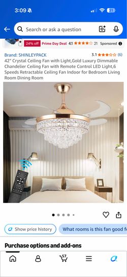 42" Crystal Ceiling Fan with Light,Gold Luxury Dimmable Chandelier Ceiling Fan with Remote Control LED Light,6 Speeds Retractable Ceiling Fan Indoor f