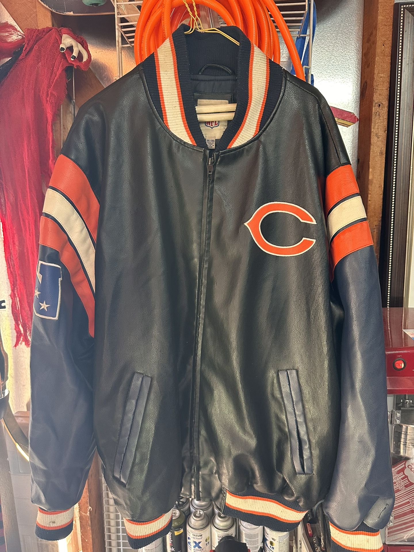 Chicago Bears NFL Faux Leather Varsity Jacket GIII Black Blue Orange Men's Sz: 3xl