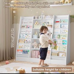 Kids Bookshelf Bookcase with 14 Sling Fabric Shelves, Book and Toy Organizer, B-9
