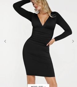 Long Sleeve V-Neck Ruched Bodycon Midi Dress