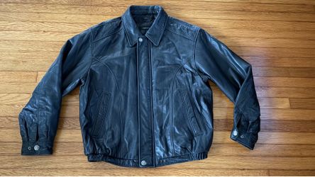 Men's Black Leather Bomber Jacket Size L