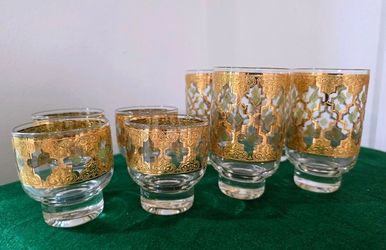 Vintage Culver Valencia Gold Green Glasses Set of 8 MCM Footed Highball Rocks