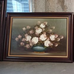 LS Henry Basket Of Flowers Painting Framed 44" X 31"