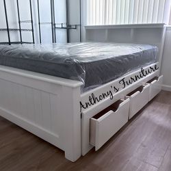 New White Full Size Bed & Bamboo Mattress + Drawers 