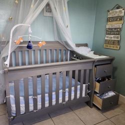 GREY CRIB & CRIB MATTRESS - EXCELLENT CONDITION