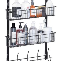 Door Hanger Towel Rack With 10 Coat Hooks & 2 Mesh Basket Over The Door (41)