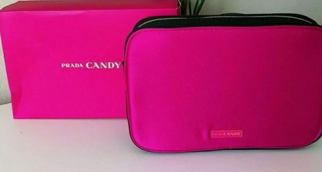 Prada CANDY silky hot PINK black Makeup Pouch Cosmetic Bag train case large new