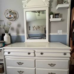 white dresser with attached mirror + nightstand 