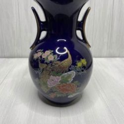 Vintage Cobalt Blue Porcelain Vase Peacock Flowers Gold Kutani Style Japan