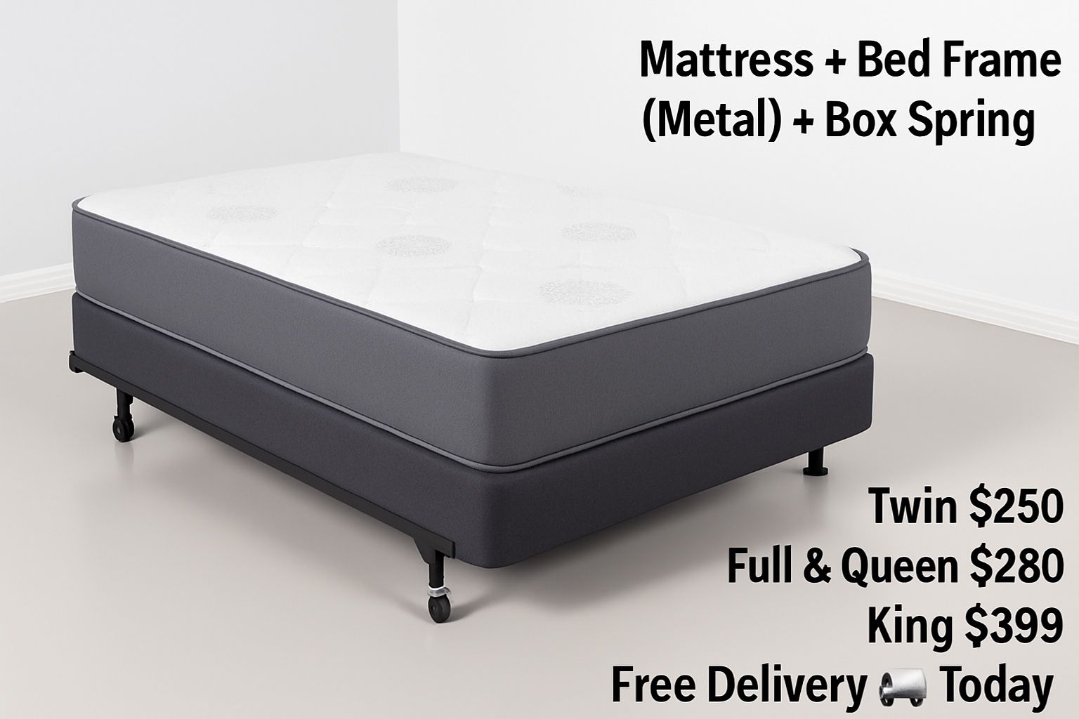 Queen Mattress • Box Spring • Bed Frame (Rails)  📦  🚚 Same Day Delivery