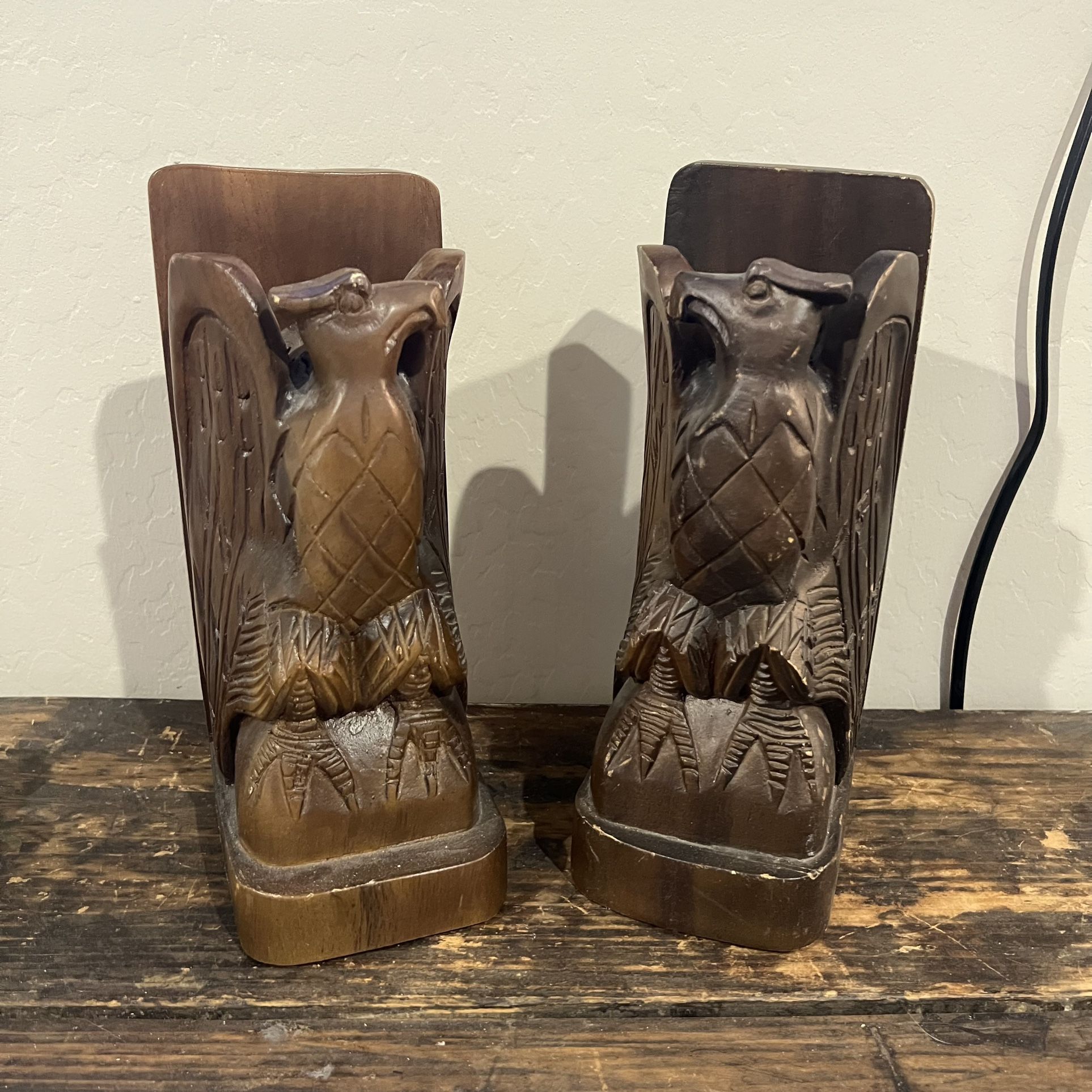 Vintage Hand Carved Wood Eagle Bookends Philippines Hand Crafted