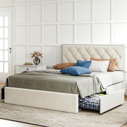 Queen Bed Frame with 4 Storage Drawers, Velvet Upholstered Headboard