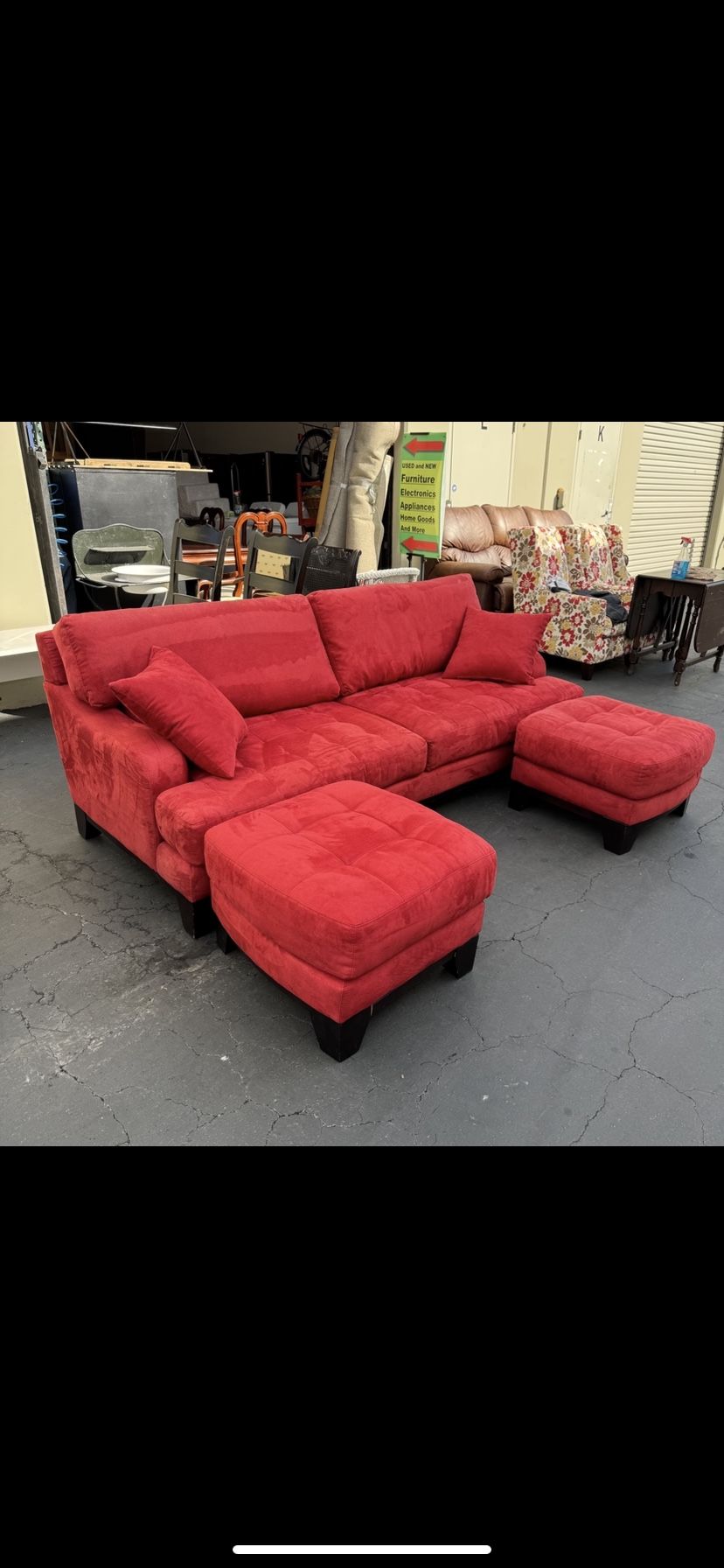 Macy’s Red Faux Suede Sofa and 2 Ottoman Very Clean and Excellent Condition