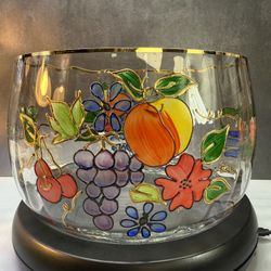 Romanian Handpainted Clear Crystal Bowl. By Fifth Avenue Crystal. 9" Venetian Fruit Bowl Serving Dish 22K Gold Rim. HAND-PAINTED FRUIT & FLOWERS has a