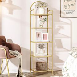 Hzuaneri Bookcase Bookshelf, Tempered Glass Bookshelves, Slim Shelving Unit for Bedroom, Bathroom, Home Office, Steel Frame, 5 Tier Gold BC05001G