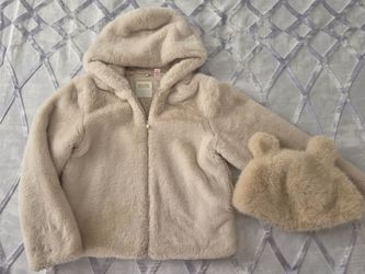 Faux-fur hooded zip up jacket and matching bear-ear hat, size 10 yo