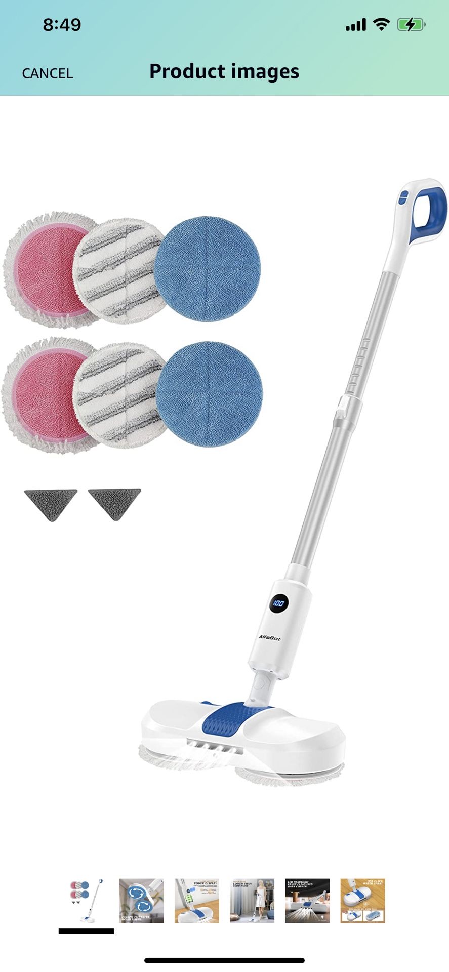 Electric Mop, Cordless Spin Mop for Floor Cleaning, AlfaBot S1 Cordless Mop with Water Sprayer and LED Headlight, Super Quite & Rechargeable Floor Scr