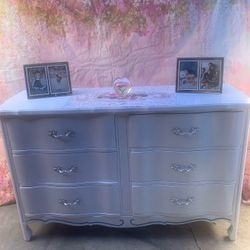 French boho style wooden dresser with six drawers colors white and pastels has been refurbished!🌺