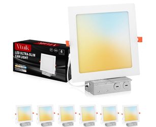 Vtuik 6 Pack 8 Inch Square LED Recessed Ceiling Light 5CCT 2700K - 5000K for Kitchen Retrofit, Ultra Thin Canless Wafer Downlight Damp Rated for Bathr