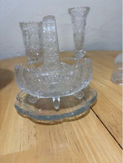 Vintage Cut Glass Crystal Basket Bowl with Plate