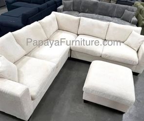 NEW Modern Ivory White Fabric L Shape Sectional Sofa and Ottoman Set Ashley Style BIG SALE Beige Cream Corner Couch Discount Furniture Warehouse Glam