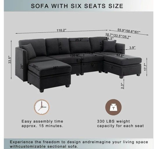 New Modular Sectional Sofa, Charcoal Black