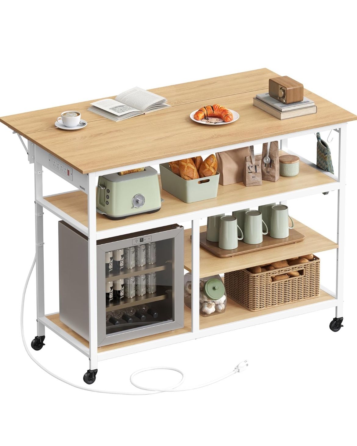 VASAGLE Kitchen Island with Drop Leaf Rolling Kitchen Cart with Power Strip Extendable Worktop - Golden Oak / Cloud White