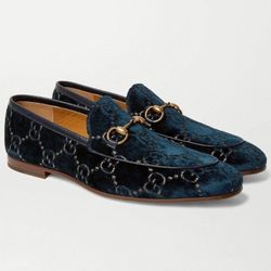 Gucci Jordaan Velvet Monogram Horsebit Navy Men's Loafers $1025