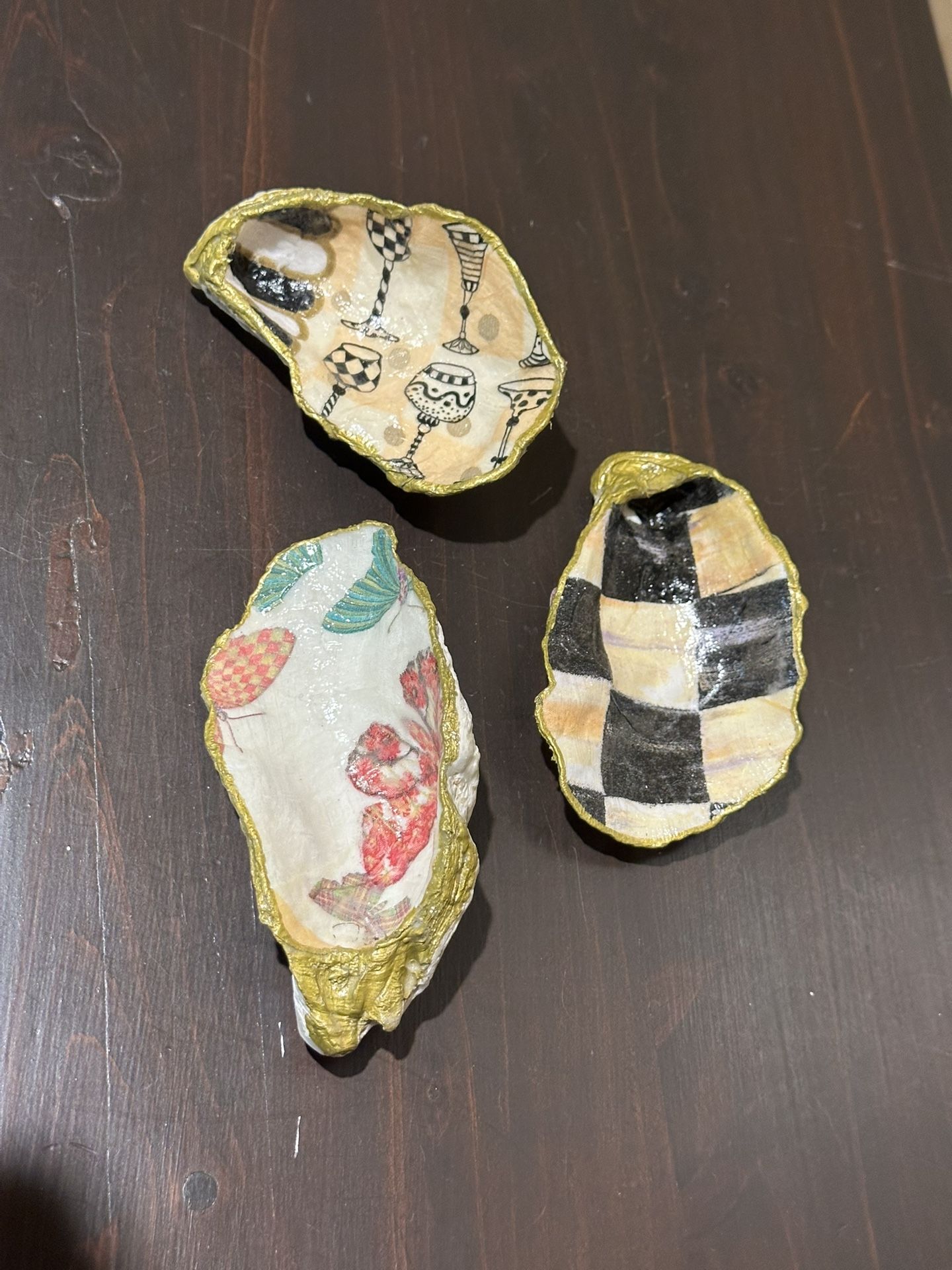 Handmade decoupage catch all shells in Mackenzie Childs patterns.