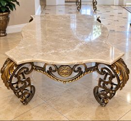 Elegant Marble-Top Ornate Coffee Table – Beautiful Decorative Piece