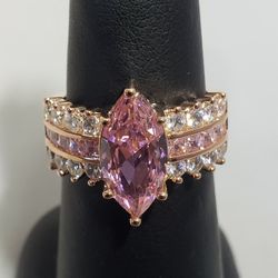 Size 7 Simulated Pink & White Diamond Marquise Ring, 6.5 ctw in Rosetone