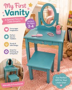 RIALTO!!! For 2-4yr olds Teal Kids Vanity Set with Mirror and Stool- New- Just assembled