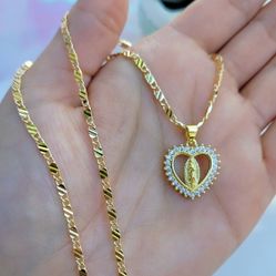 Heart Virgen Mary Necklace,  Cadena Virgencita,  Oro Laminado,  Gold Filled Jewelry 