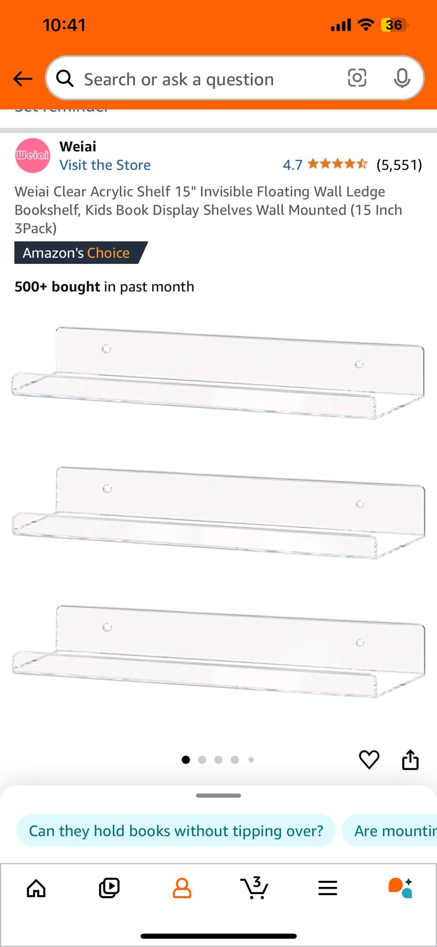 Clear Acrylic Shelf 15" Invisible Floating Wall Ledge (15 Inch 3Pack)