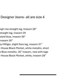 Women’s Designer Jeans, Size 4, Tommy Hilfiger, J Crew, CAbi, J Jill, White house BlackMarket. See Pics $10 Each Or All For $50